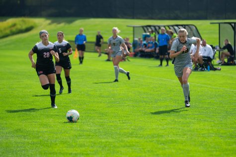 Iowa forward Jenny Cape dribbles down field during Iowas match against Illinois State on Sunday, September 1, 2019. The Hawkeyes defeated the Red Birds 4-3.