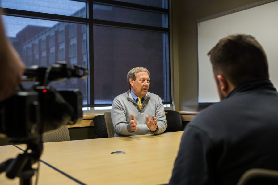 President Bruce Harreld answers questions during an interview with The Daily Iowan on March 7, 2019 in the Adler Journalism Building.