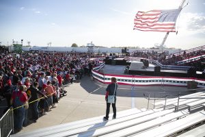 The crowd is seen during a Trump campaign rally on Wednesday, Oct. 14, 2020 at the Des Moines International Airport. Thousands of people showed up to hear President Donald Trump speak about his campaign and support Iowa republicans for the upcoming election.