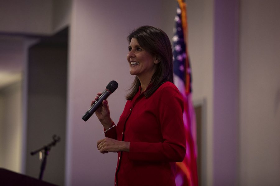 Nikki Haley, Former U.S. Ambassador to the United Nations, speaks during the Ronald Reagan Dinner hosted by the Johnson County Republicans of Iowa on Wednesday, Oct. 21, 2020 at the Radisson Hotel and Conference Center in Coralville. Even on our worse day, we are blessed to live in America, Haley said, after talking about her experiences traveling to different countries as an ambassador. But we have to fight for [America] and protect her.