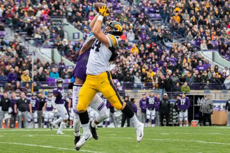 Iowa tight end Sam Laporta catches a pass during a game against Northwestern at Ryan Field on Saturday, October 26, 2019. The Hawkeyes defeated the Wildcats 20-0.
