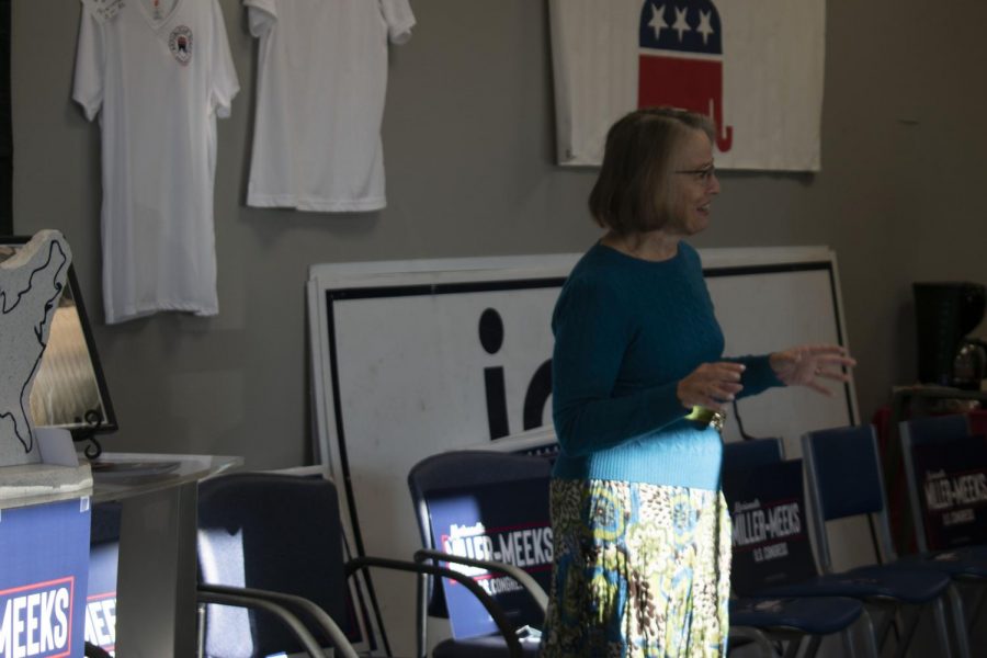 Mariannette Miller-Meeks, Republican candidate for Iowas 2nd Congressional District, speaks with voters at the Johnson County Republicans Headquarters in Coralville on Wednesday.
