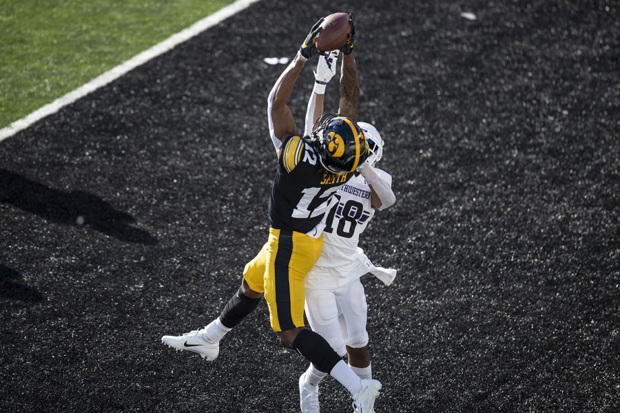 Iowa+Wide+Receiver+Brandon+Smith+catches+the+first+touchdown+pass+of+the+game+during+the+Iowa+v+Northwestern+football+game+at+Kinnick+Stadium+on+Saturday%2C+Oct.+31%2C+2020.+The+Wildcats+defeated+the+Hawkeyes+21-20.+