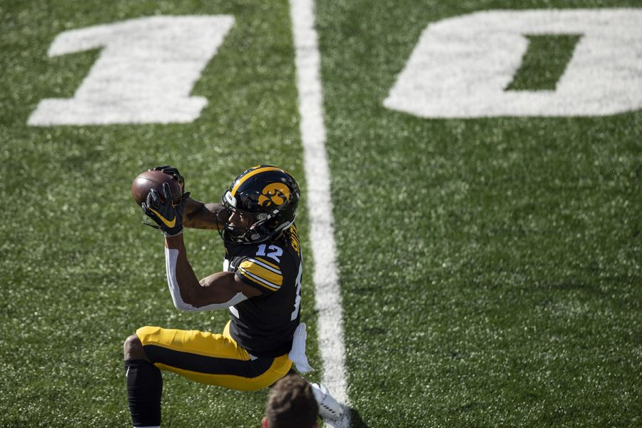 Iowa Wide Receiver Brandon Smith catches a pass during the Iowa v Northwestern football game at Kinnick Stadium on Saturday, Oct. 31, 2020.  The Wildcats defeated the Hawkeyes 21-20.