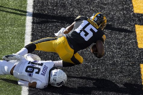 Iowa Running Back Tyler Goodson makes a touchdown during the Iowa v Northwestern football game at Kinnick Stadium on Saturday, Oct. 31, 2020.  The Wildcats defeated the Hawkeyes 21-20. Goodson’s was the second touchdown for the Hawkeyes. 