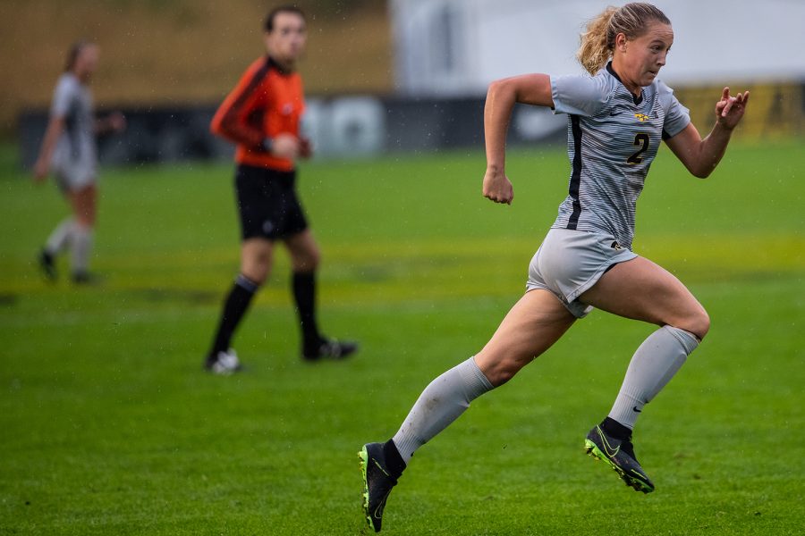 Iowa Midfielder Hailey Rydberg runs the pitch during the Iowa Women’s Soccer game versus Northwestern at the Hawkeye Soccer Complex in Iowa City on Sunday, September 29, 2019. The Wildcats defeated the Hawkeyes 2-1 in overtime.