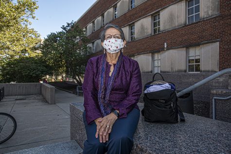 University of Iowa Professor of Linguistics, Mercedes Nino-Murcia poses for a portrait in front of the University Library on Tuesday, October 6th, 2020. 