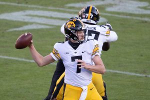 West Lafayette, Indiana, USA; Iowa Hawkeyes quarterback Spencer Petras (7) passes the ball in the second quarter against the Purdue Boilermakers at Ross-Ade Stadium on Saturday, Oct. 24, 2020. (Trevor Ruszkowski - USA Today) 