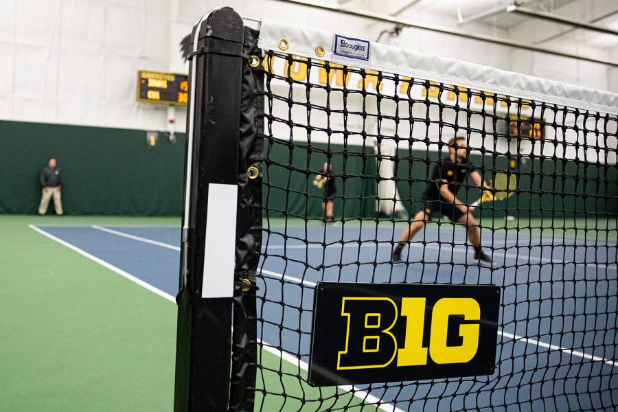 Iowas Joe Tyler prepares to serve during a mens tennis match between Iowa and Creighton at the HTRC on Saturday, Jan. 18, 2020. 