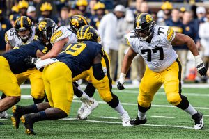 Iowa offensive lineman Alaric Jackson prepares to block during a football game between Iowa and Michigan in Ann Arbor on Saturday, October 5, 2019. The Wolverines celebrated homecoming and defeated the Hawkeyes, 10-3. 