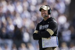Purdue head coach Jeff Brohm looks on during a game against Penn State at Beaver Stadium in State College, Pennsylvania, on October 5, 2019. 