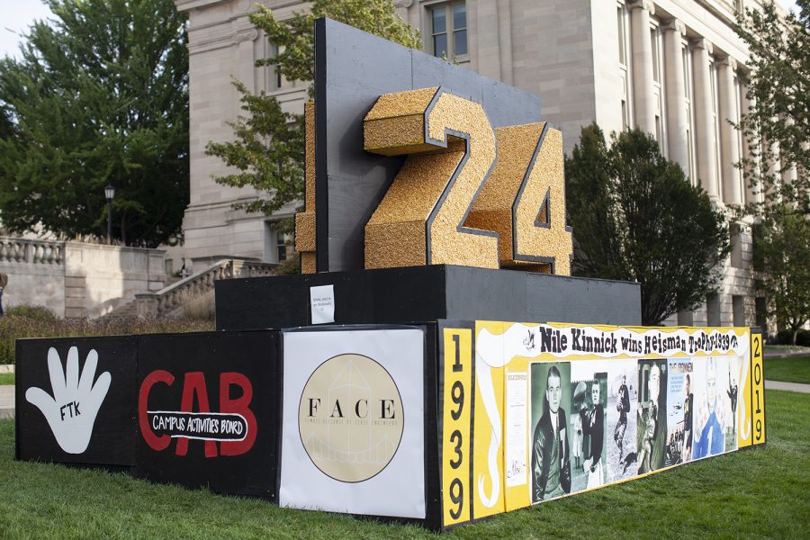 The corn monument sits on the Pentacrest lawn on Monday, Oct. 15, 2019. The monument has been a yearly tradition that is believed to have been started in 1919.