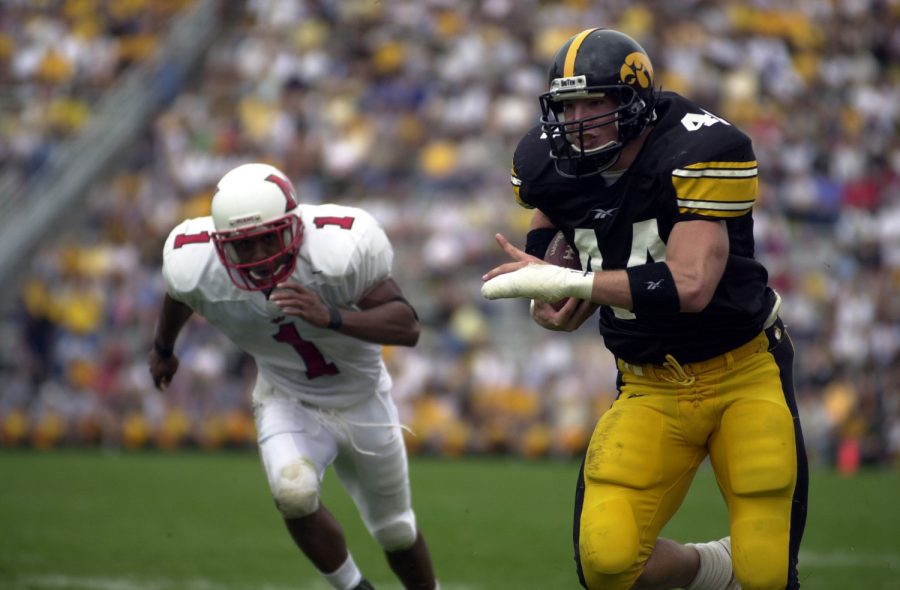 Hawkeye Dallas Clark rushes the endzone for a touchdown against the Redhawks during the third quarter of the Hawkeyes 44-19 victory Sept. 8, 2001 at Kinnick Stadium. 