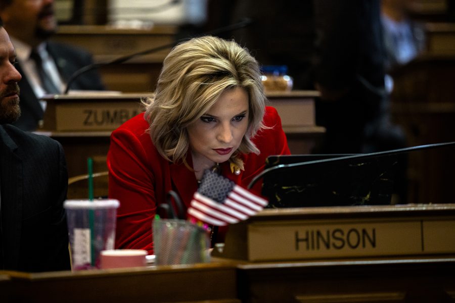 Rep. Ashley Hinson looks at her computer at the Iowa State Capitol on Monday, January 13, 2020. The House convened and leaders in the Iowa House of Representatives gave opening remarks to preview their priorities for the 2020 session. 