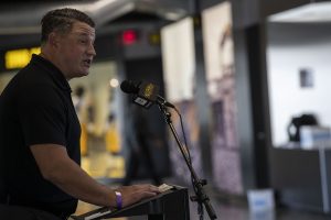 Offensive Coordinator Brian Ferentz addresses members of the press during football media day in Kinnick Stadium on Thursday, Oct. 8, 2020. (Katie Goodale/The Daily Iowan)