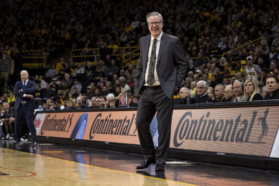 Iowa Head Coach Fran McCaffery laughs at a call during a men’s basketball game between Iowa and Penn State on Saturday, Feb. 29 at Carver-Hawkeye Arena. The Hawkeyes defeated the Nittany Lions 77-68. 