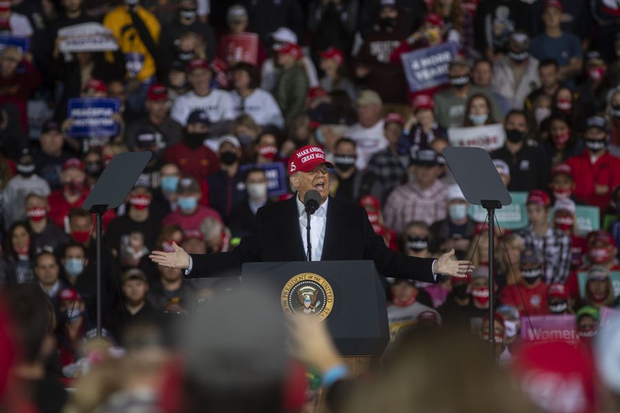 President Donald Trump speaks during a campaign rally on Wednesday, Oct. 14, 2020 at the Des Moines International Airport. Thousands of people showed up to hear President Trump speak about his campaign and support Iowa republicans for the upcoming election.