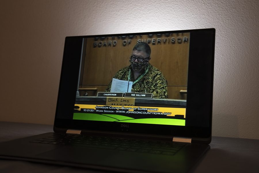 Chairperson Rod Sullivan reads the agenda during the Johnson County Board of Supervisors Work Session meeting that was held online at 9:00 AM on Wednesday, Oct. 21, 2020.