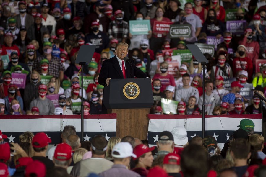 President Donald Trump speaks during a campaign rally on Wednesday, Oct. 14, 2020 at the Des Moines International Airport. Thousands of people showed up to hear President Trump speak about his campaign and support Iowa republicans for the upcoming election.