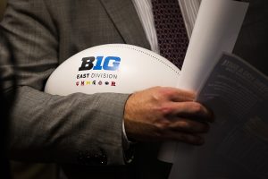 A football is seen during the second day of Big Ten Football Media Days in Chicago, Ill., on Friday, July 19, 2019.
