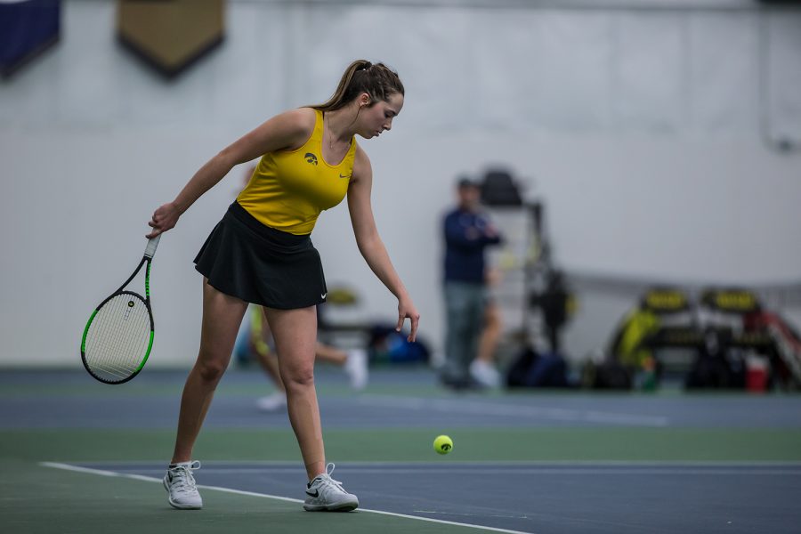 Iowa's Samantha Mannix prepares to serve during a women's tennis match between Iowa and Xavier at the Hawkeye Tennis and Recreation Center on Friday, January 18, 2019. The Hawkeyes swept the Muskateers, 7-0.