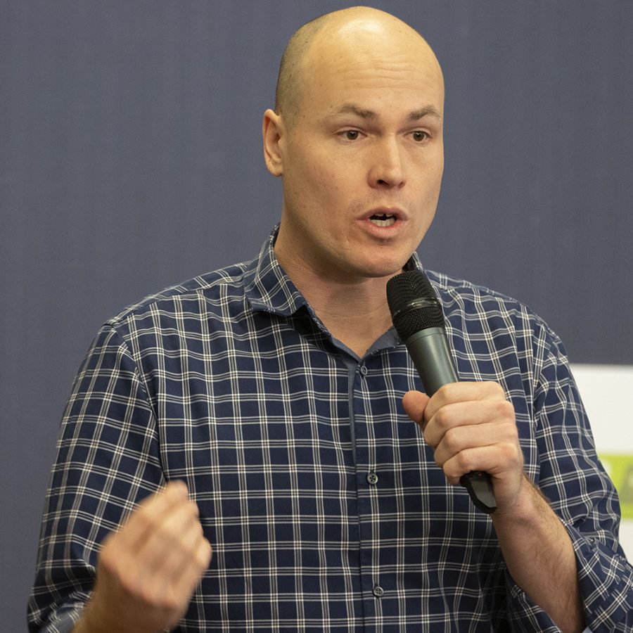 Iowa state director for Working Hero J.D. Scholten speaks during an event at the Iowa City Public Library on Monday, February 18, 2019. Rep. Swalwell is expected to announce a candidacy for President of the United States. 
