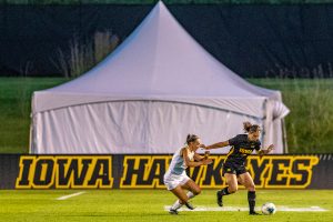 Iowa defender Riley Whitaker navigates the field during a womens soccer match between Iowa and Western Michigan on Thursday, August 22, 2019. The Hawkeyes defeated the Broncos, 2-0.