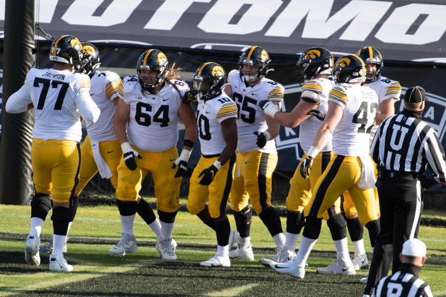 West Lafayette, Indiana, USA; Iowa Hawkeyes running back Mekhi Sargent (10) celebrates his touchdown with teammates in the second quarter against the Purdue Boilermakers at Ross-Ade Stadium on Saturday Oct. 24, 2020. (Trevor Ruszkowski - USA TODAY)