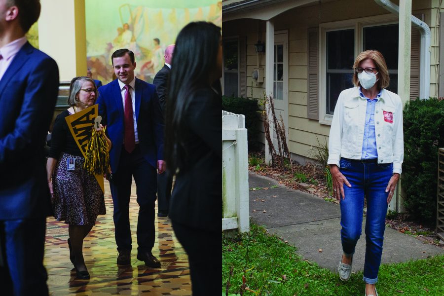 In this diptych, Iowa State Sen. Marinette Miller-Meeks is seen on April 9, 2019 and Democratic candidate Rita Hart are seen Sept. 26, 2020. 