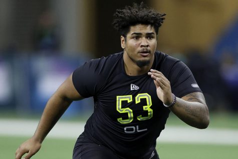 Iowa offensive lineman Tristan Wirfs runs a drill during the NFL Combine at Lucas Oil Stadium in Indianapolis on Feb. 28, 2020. (Joe Robbins/Getty Images/TNS)