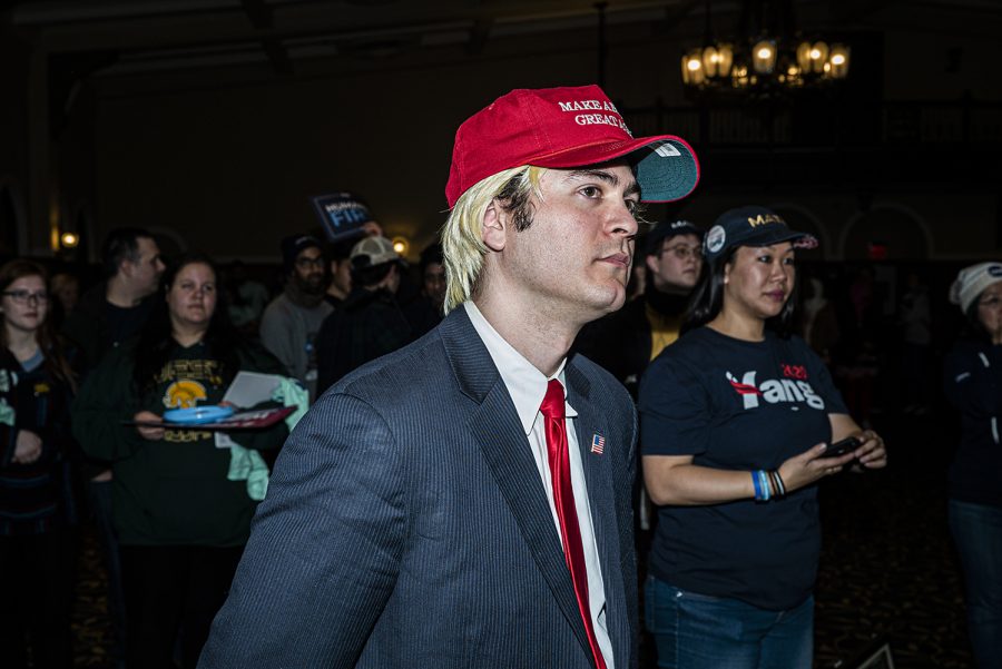 Trump supporter, Graeme Cabrera dresses as Donald Trump at the University of Iowa Mock Caucus on Friday, January 31st, 2020. The Mock Caucus is a sponsored event designed to train students for the upcoming Iowa Caucuses.  