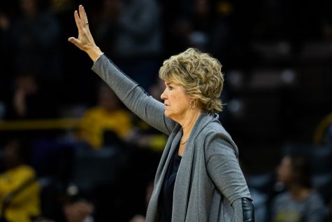Iowa head coach Lisa Bluder calls a formation during a womens basketball match between Iowa and Indiana at Carver-Hawkeye Arena on Sunday, Jan. 12, 2020. The Hawkeyes defeated the Hoosiers, 91-85, in double overtime. 