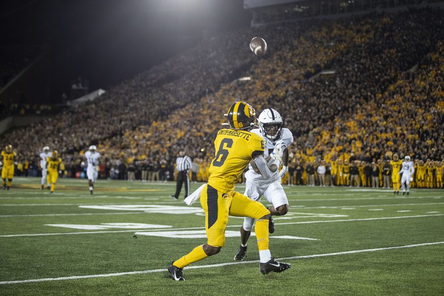Iowa WR Ihmir Smith-Marsette catches a pass during the Iowa football vs. Penn State game in Kinnick Stadium on Saturday, Oct. 12, 2019. The Nittany Lions defeated the Hawkeyes 17-12. 