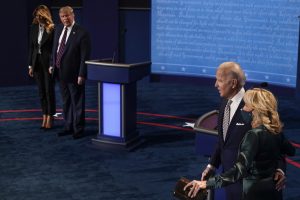 From left, first lady Melania Trump, President Donald Trump, Democratic presidential candidate former Vice President Joe Biden and his wife, Jill Biden, stand on stage following the conclusion of the first presidential debate at the Health Education Campus of Case Western Reserve University in Cleveland on September 29, 2020. 