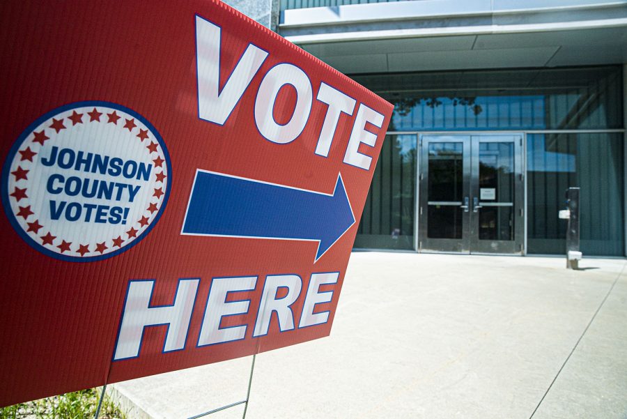 A Johnson County precinct indicator is seen outside The University of Iowa Visual Arts building on Tuesday, June 2, 2020. Counties all across Iowa along with eight other states are participating in the 2020 primary elections. (Tate Hildyard/The Daily Iowan)
