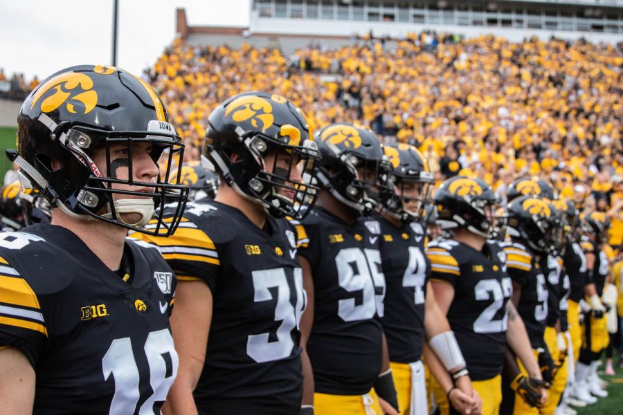 Iowa players line up before a football game between Iowa and Middle Tennessee State University on Saturday, September 28, 2019. The Hawkeyes defeated the Blue Raiders 48-3.  