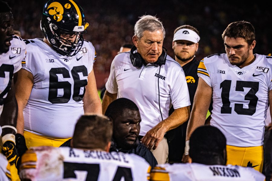 Iowa+head+coach+Kirk+Ferentz+speaks+to+his+team+during+a+football+game+between+Iowa+and+Iowa+State+at+Jack+Trice+Stadium+in+Ames+on+Saturday%2C+September+14%2C+2019.+The+Hawkeyes+retained+the+Cy-Hawk+Trophy+for+the+fifth+consecutive+year%2C+downing+the+Cyclones%2C+18-17.+