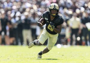 Purdue wide receiver Rondale Moore (4) runs with the ball after the catch against the Vanderbilt Commodores on Sept. 7, 2019 at Ross-Ade Stadium in West Lafayette, Ind. (John Mersits/CSM/Zuma Press/TNS)