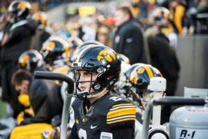 Iowa Punter Ryan Gersonde sits on the bench during a game against Purdue University on Saturday, Nov. 18, 2017. The Boilermakers defeated the Hawkeyes 24 to 15.