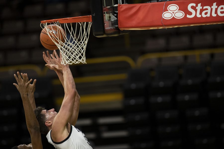 Iowa center Luka Garza makes a shot during the Iowa men’s basketball game against the Southern University Jaguars at Carver-Hawkeye Arena on Friday, Nov. 27, 2020. The Hawkeyes defeated the Jaguars 103-76 in their first game against them since 2017. (Jenna Galligan/The Daily Iowan)