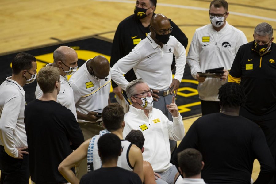 Iowa Head Coach Fran McCaffery speaks to the players during a timeout during the Iowa men’s basketball game against the Southern University Jaguars at Carver-Hawkeye Arena on Friday, Nov. 27, 2020. The Hawkeyes defeated the Jaguars 103-76 in their first game against them since 2017.