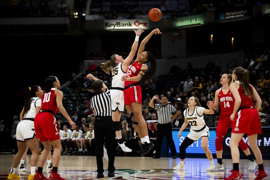 Iowa forward Monika Czinao and Ohio State forward Aailyah Patty jump for the tip-off during the Iowa vs. Ohio State Womens Big Ten Tournament game at Bankers Life Fieldhouse in Indianapolis on Friday, March 6, 2020. The Buckeyes defeated the Hawkeyes 87-66.