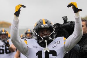 Iowa defensive back Terry Roberts celebrate the win after a game against Northwestern at Ryan Field on Saturday, October 26, 2019. The Hawkeyes defeated the Wildcats 20-0.