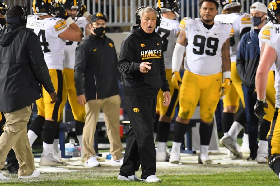 Nov 21, 2020; University Park, Pennsylvania, USA; Iowa Hawkeyes head coach Kirk Ferentz reacts to a play against the Penn State Nittany Lions during the third quarter at Beaver Stadium. Mandatory Credit: Rich Barnes-USA TODAY Sports