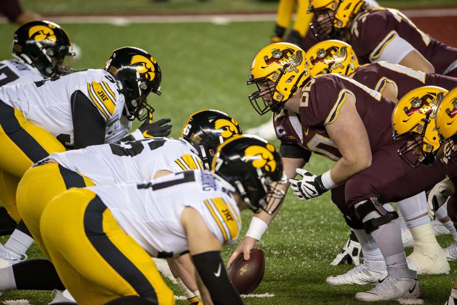 Nov 13, 2020; Minneapolis, Minnesota, USA; A general view of the line of scrimmage between the Iowa Hawkeyes and Minnesota Golden Gophers at TCF Bank Stadium. (Jesse Johnson-USA TODAY) 