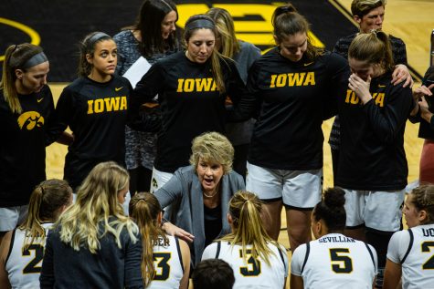 Iowa head coach Lisa Bluder talks to her team during a womens basketball match between Iowa and Indiana at Carver-Hawkeye Arena on Sunday, Jan. 12, 2020. The Hawkeyes defeated the Hoosiers, 91-85, in double overtime. 