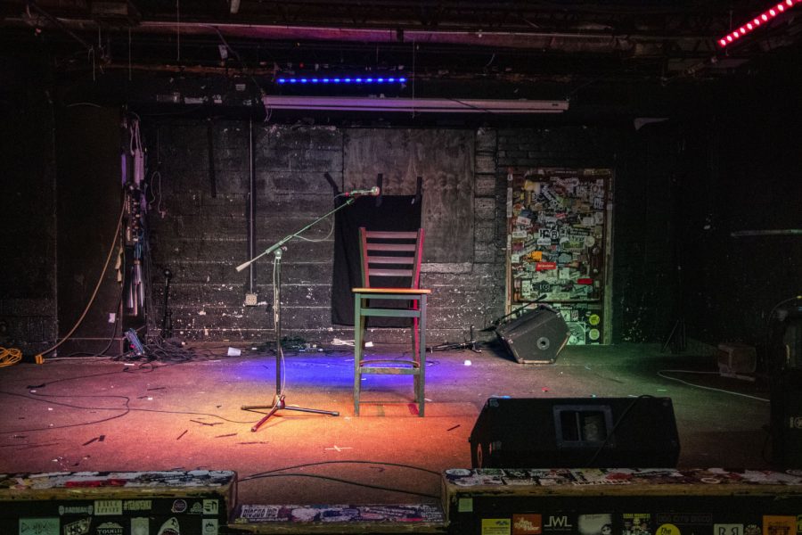 A silent mic along with an empty chair sits on the stage at Gabe’s on Friday, Oct. 30, 2020. A stage that once was alive with music is now quiet due to Covid-19 restrictions.