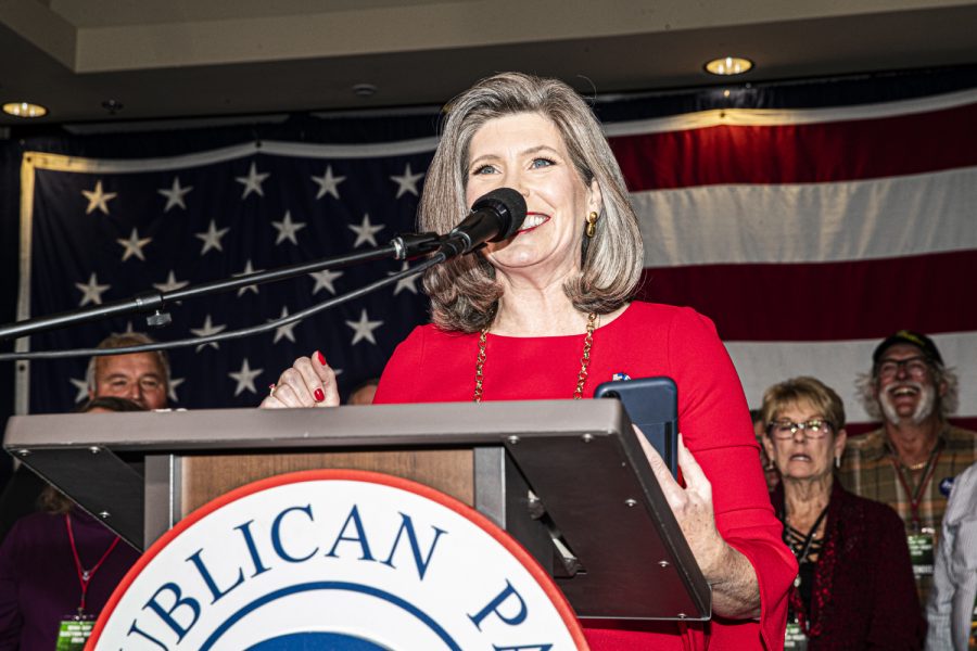 U.S. Sen. Joni Ernst R-IA speaks at the republican watch party at the Des Moins Marriott Downtown on Tuesday, November 3rd, 2020 . Republicans from across the state have gathered to watch the results of the 2020 General Election. 
