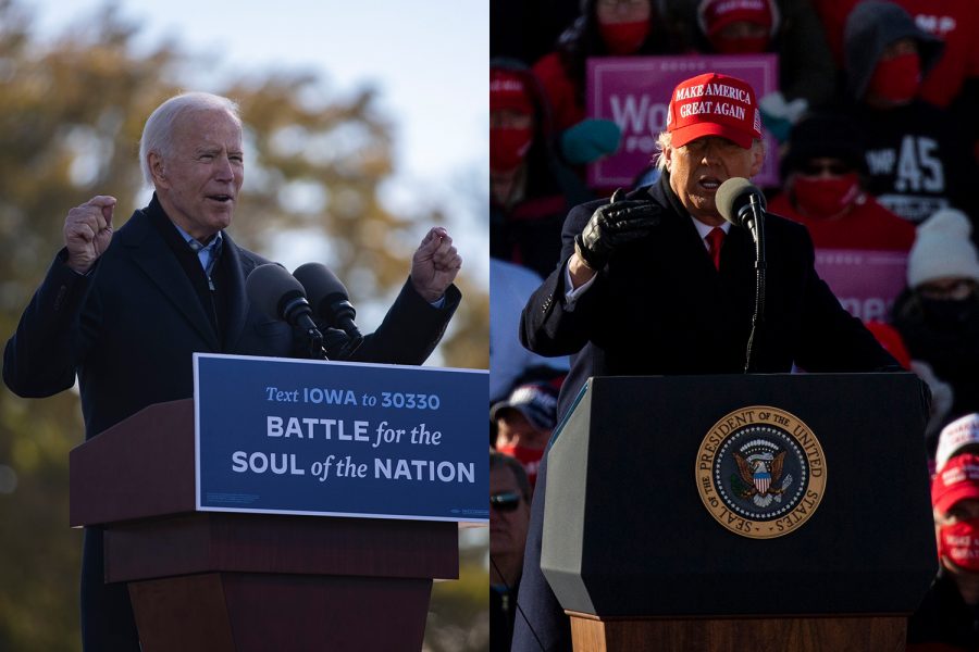 Democratic presidential candidate Joe Biden (left) speaks during a Biden drive-in rally on Friday, Oct. 30, 2020 at the Iowa State Fairgrounds in Des Moines and President Donald Trump (right) speaks during a “Make America Great Again” rally held at the Dubuque Regional Airport on Sunday, Nov. 1, 2020. 
