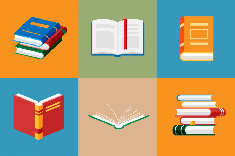Set of book icons in flat style isolated. Opened notebook and diary with color bookmarks. Stack of literature and documents. Publication, study, learning concept.